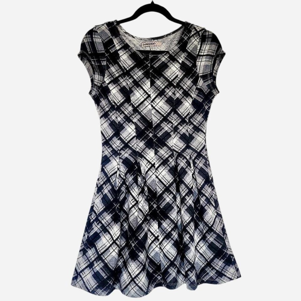 Bailey Blue plaid skater dress cap sleeves soft knit A-line skirt Juniors M